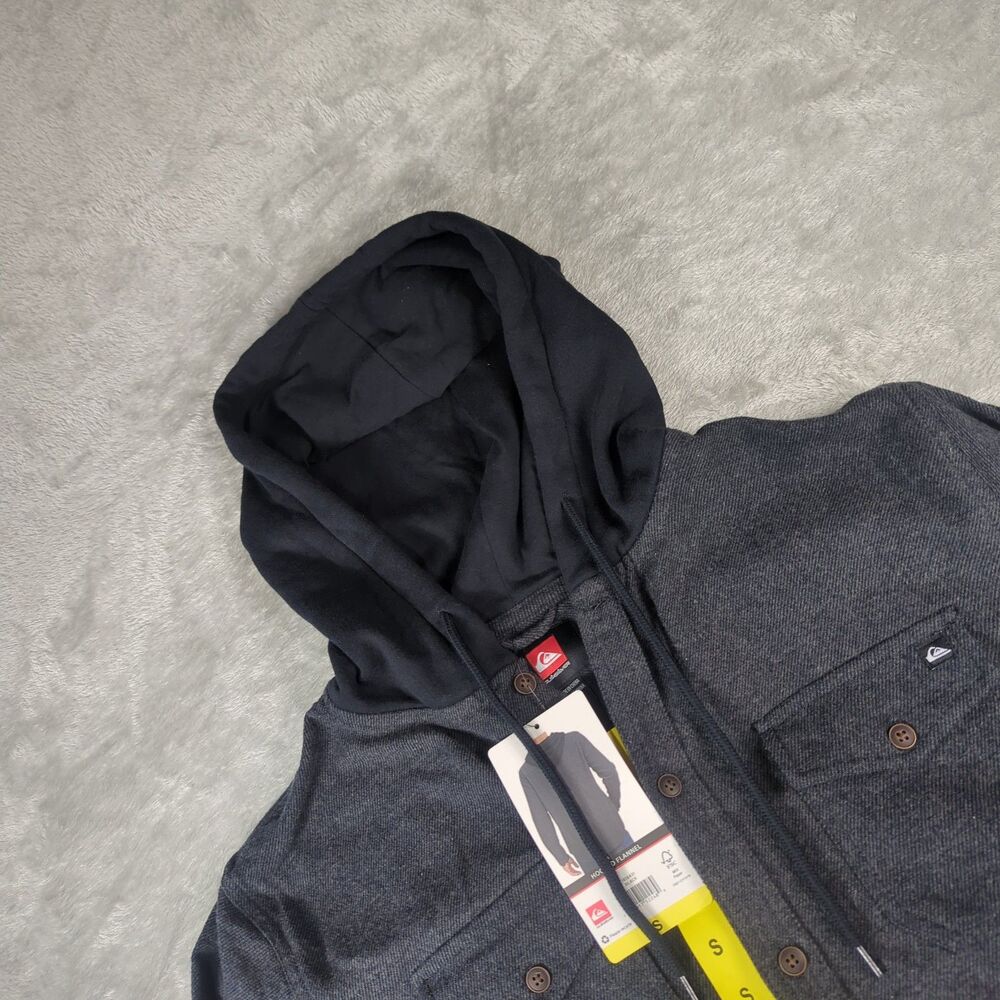 NWT Quiksilver Mens Small Hooded Flannel Shirt Jacket Charcoal Gray Shacket Surf